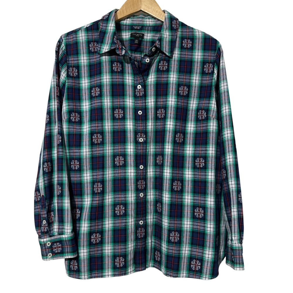 Talbots Petites Plaid Snowflake Shirt Womens Size XLP Winter Casual